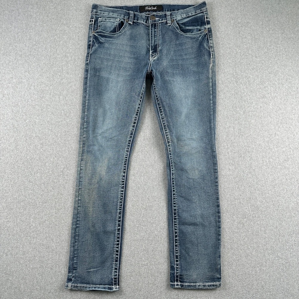True Luck Jeans Mens 34x32 Blue TL19350237 Straight Leg Contrast Stitch Denim